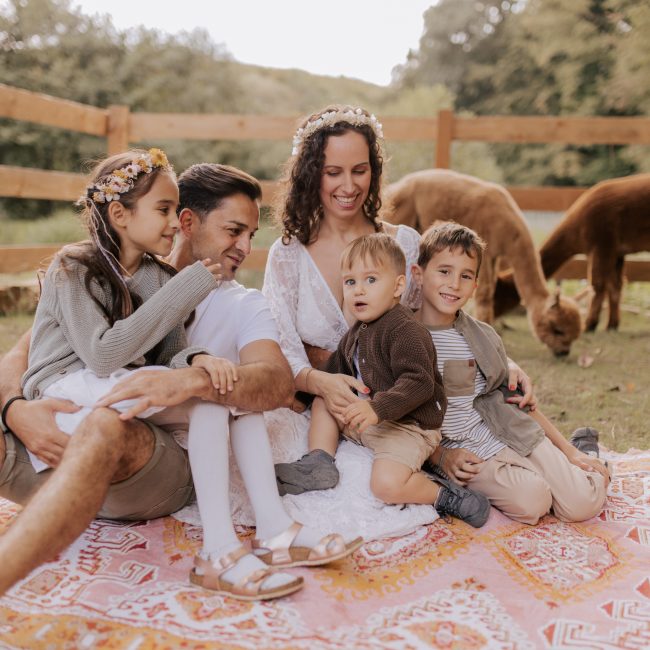 Eine Familie mit drei Kindern sitzt auf einer Picknickdecke bei den Alpakas.